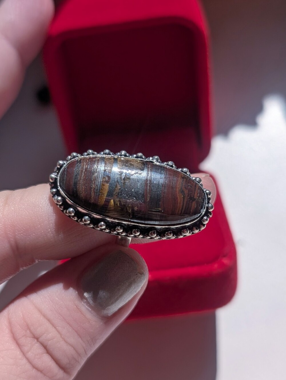 Vintage Handmade Genuine Tigers Eye Setin Sterling Silver Statement Ring Size 6
